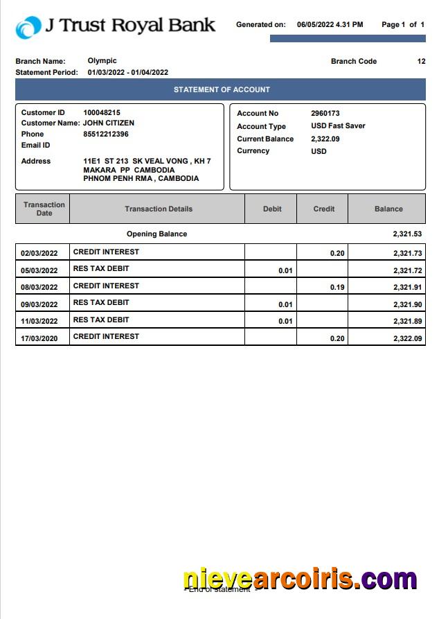 Cambodia J Trust Royal bank statement